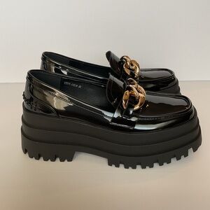 Vegan Platform Loafers Squared Toe Y2K Gold Chain Detail Whimsigoth Goth US 9